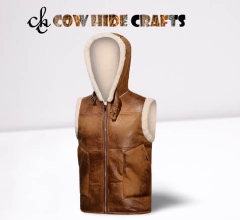 Tan RAF sheepskin leather vest styled for vintage aviator look