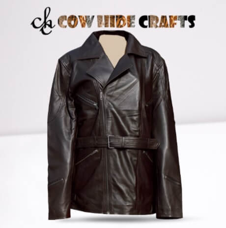 Women's brown leather belt coat styled for vintage look