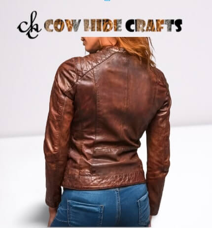 Vintage style brown leather jacket women