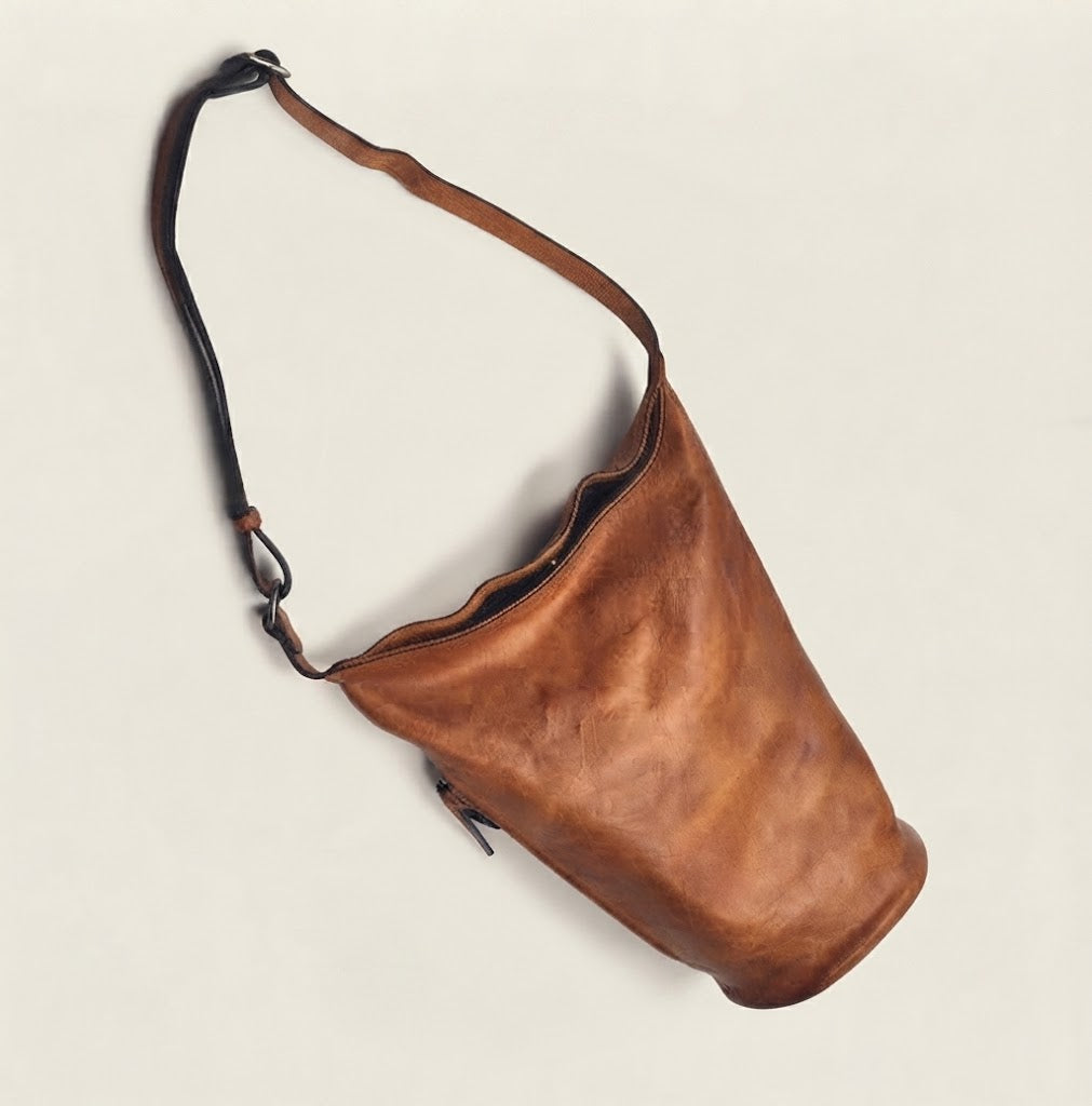 Vintage cognac leather bucket hobo bag front view