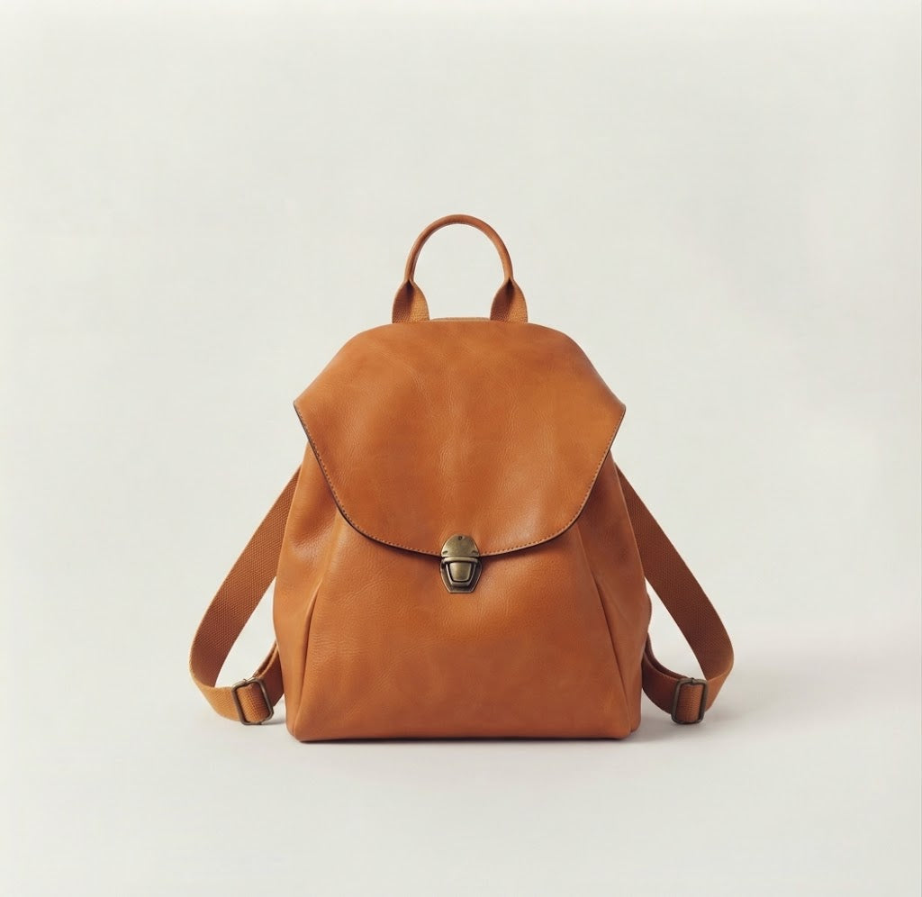 Vintage soft leather flap backpack in tan camel