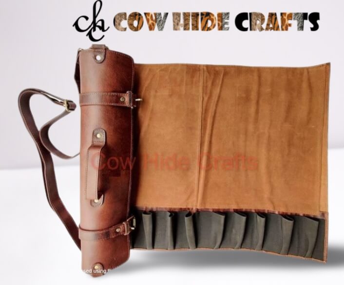 Vintage leather knife roll 8 slots open view