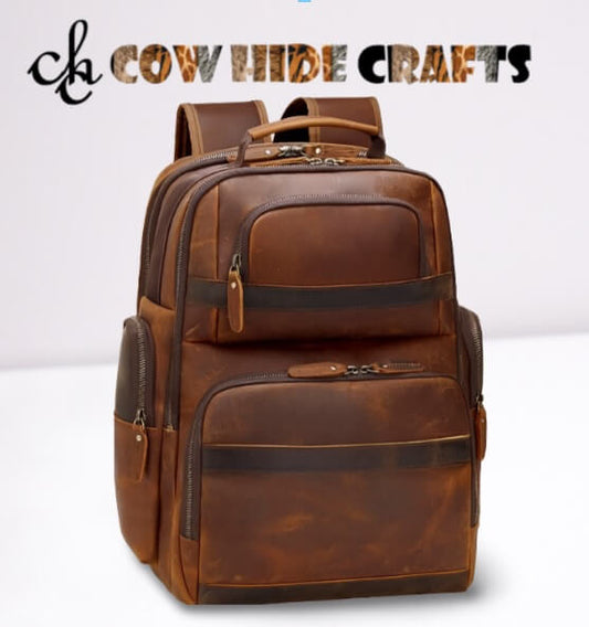 Vintage leather laptop backpack brown oil pull up