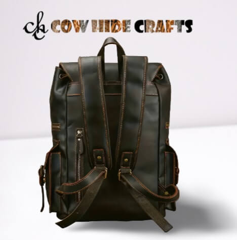 Vintage patina texture detail on Crazy Horse leather backpack