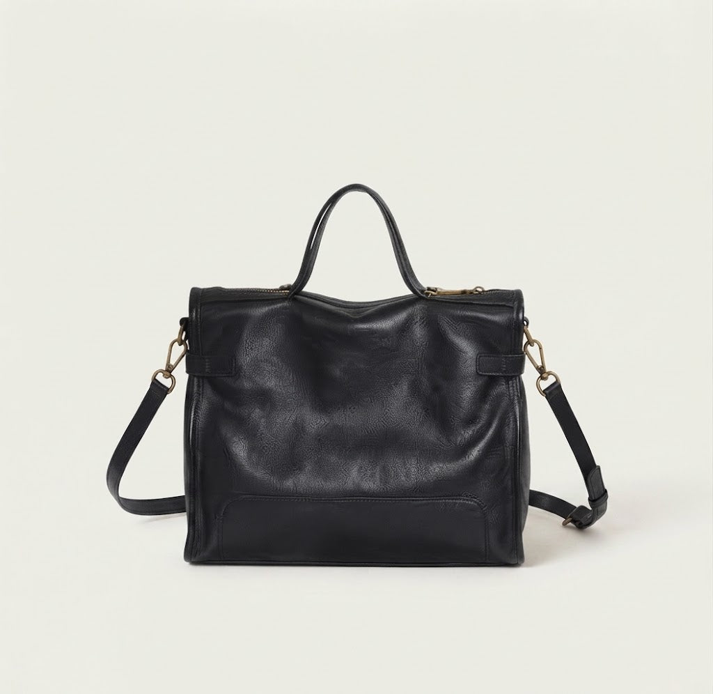 Vintage patina leather satchel bag in black