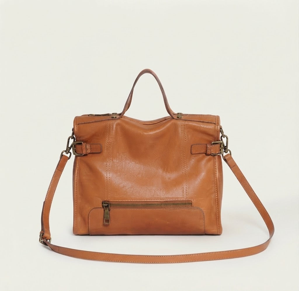 Vintage patina leather satchel bag in tan