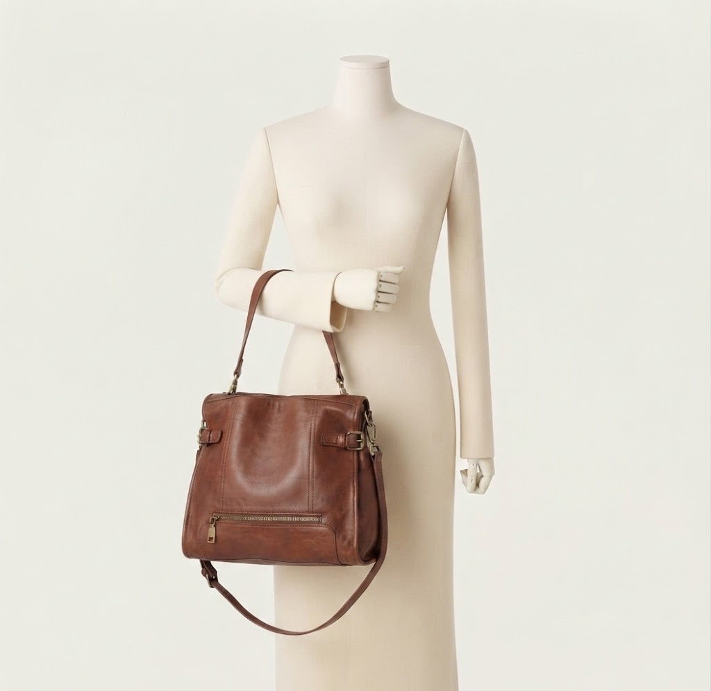 Detachable crossbody strap detail on vintage patina satchel bag