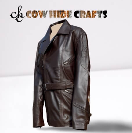Waist belt and zipper closure on brown leather coat women