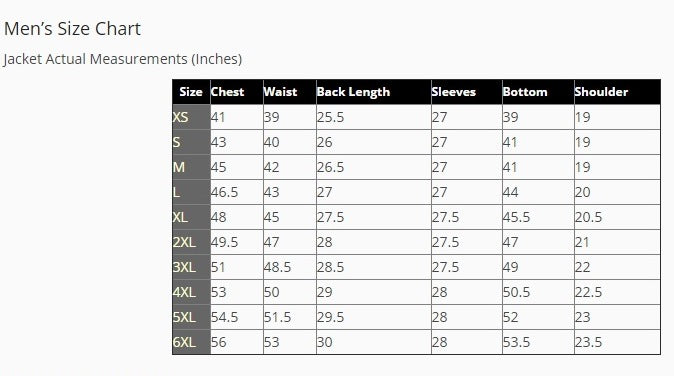 Accurate measurements and size chart for leather jacket men.