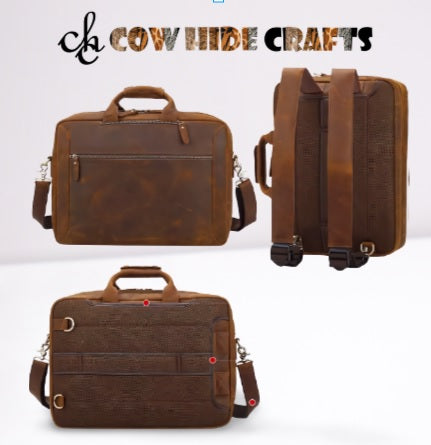 Waxed leather briefcase hidden backpack straps