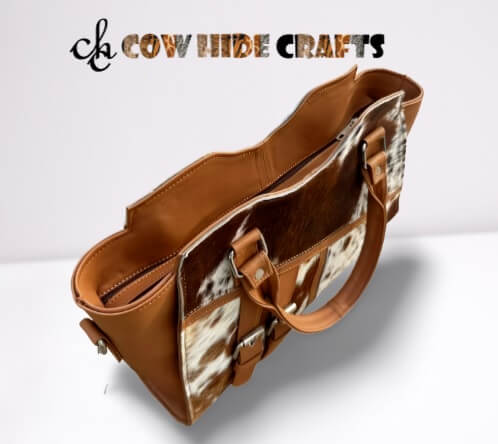 Western cowhide bag two zipper top compartments