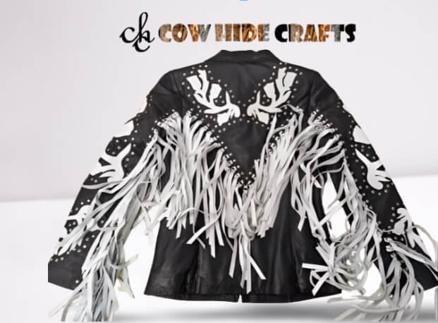 Women's white long fringe leather jacket styled for western festival