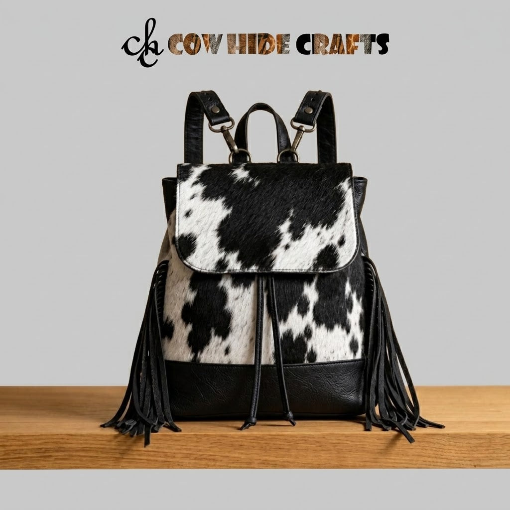 Western fringe hair-on cowhide drawstring backpack in black and white