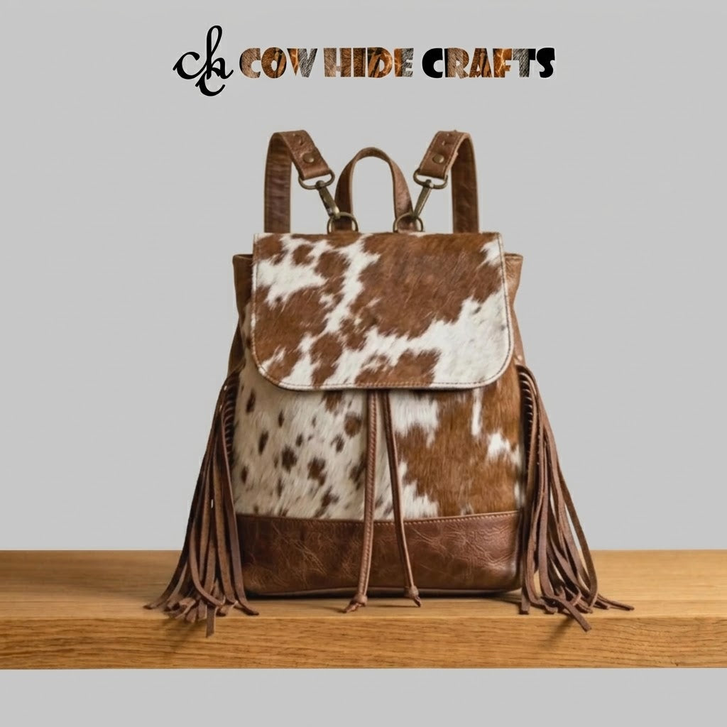 Western fringe hair-on cowhide drawstring backpack in brown and white