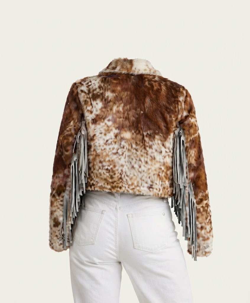 Back yoke fringe detail on cropped cowhide jacket