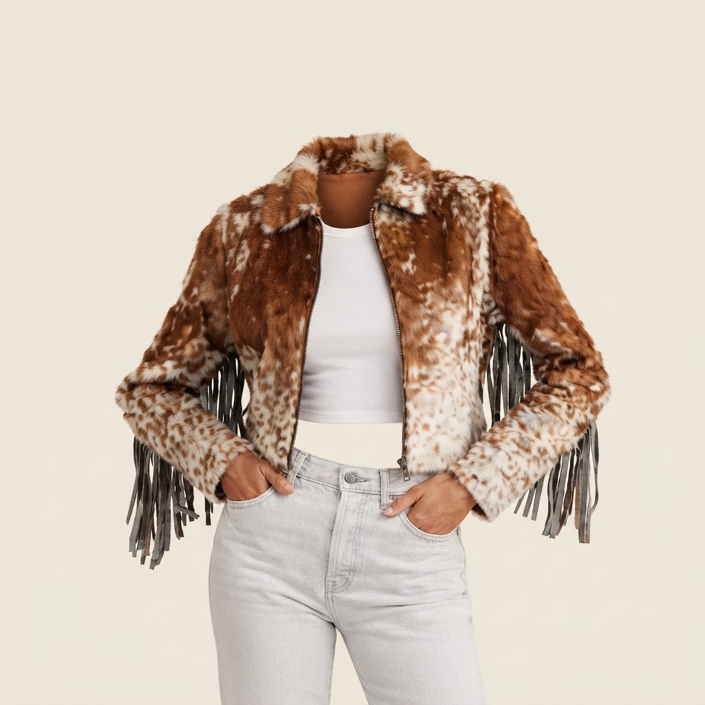 Western fringe cropped cowhide jacket front view