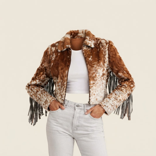 Western fringe cropped cowhide jacket front view