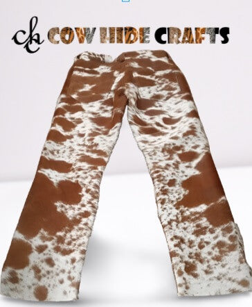 Western styled tan cowhide pants unisex with pockets