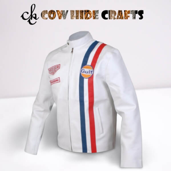 White leather biker jacket with blue and red racing stripes button collar