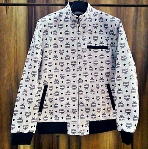 White leather bomber jacket with celebrity style brand printing