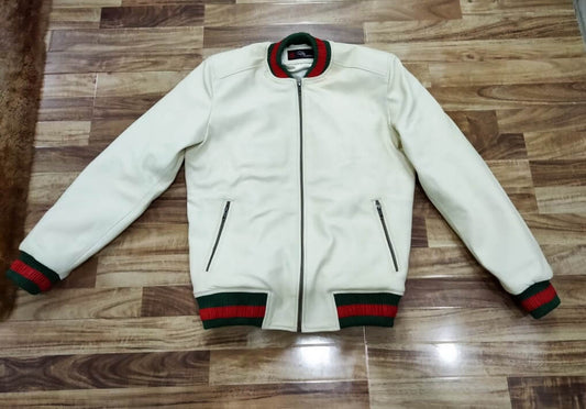 White varsity leather baseball bomber jacket with black and red stripes