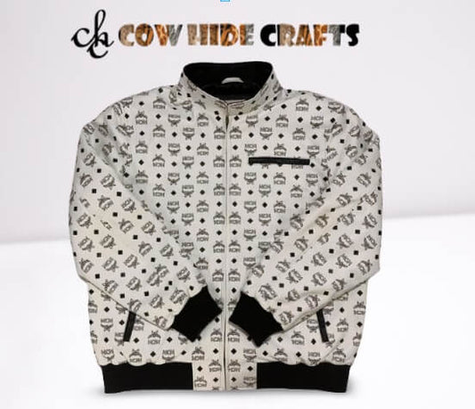 White printed leather bomber jacket for men varsity style