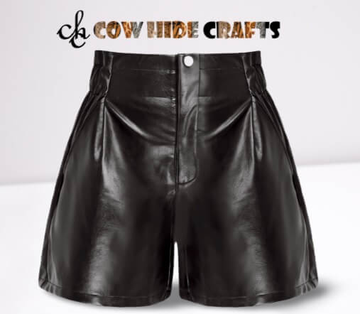  Women's wide leg black sheepskin leather shorts front view