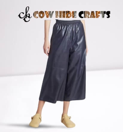  Women's wide leg blue sheepskin leather pants 