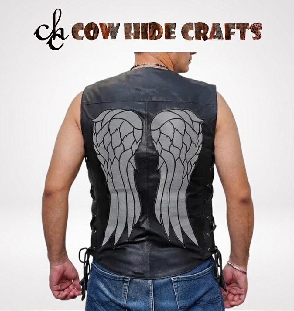 Wings design stitched into the back panel of leather biker vest