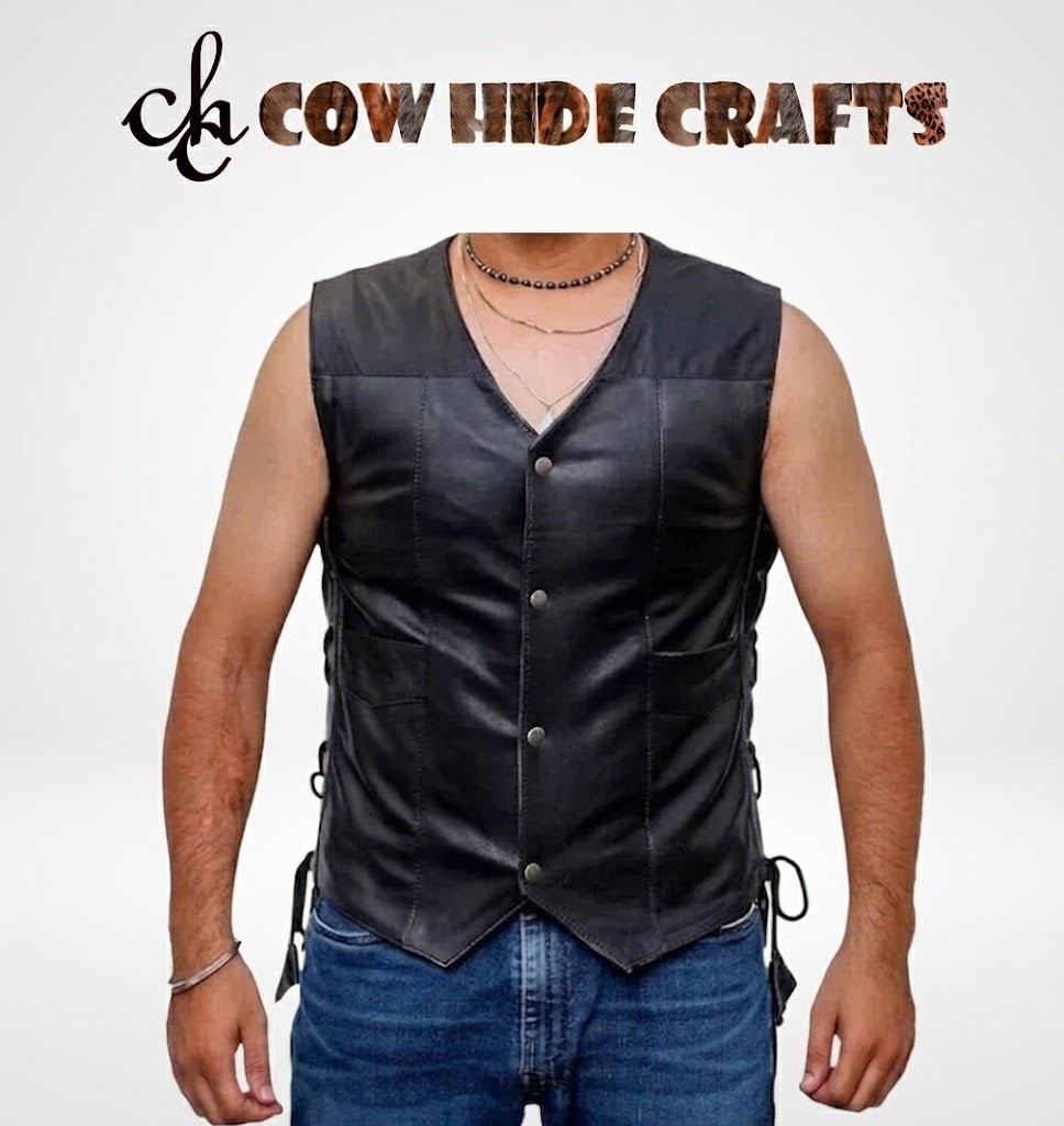 Black leather biker vest front view with snap-button closure