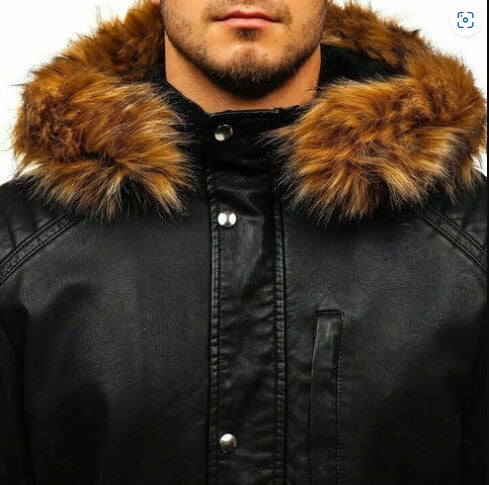 Men's black leather parka coat styled for winter outerwear
