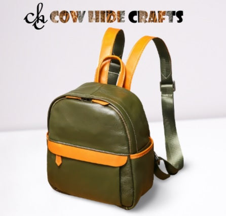Women green leather small knapsack