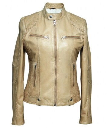 Women's beige sheepskin leather jacket round snap collar