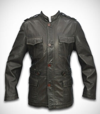 Women's hip length leather jacket mock collar button