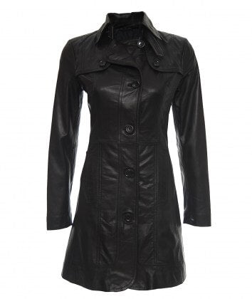 Women's long leather duffel coat full button closure