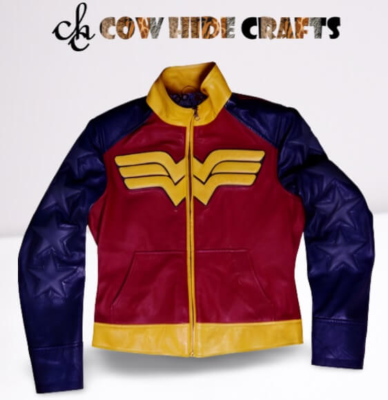 Wonder Woman inspired blue yellow maroon leather jacket front