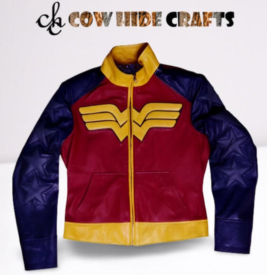 Wonder Woman inspired blue yellow maroon leather jacket front