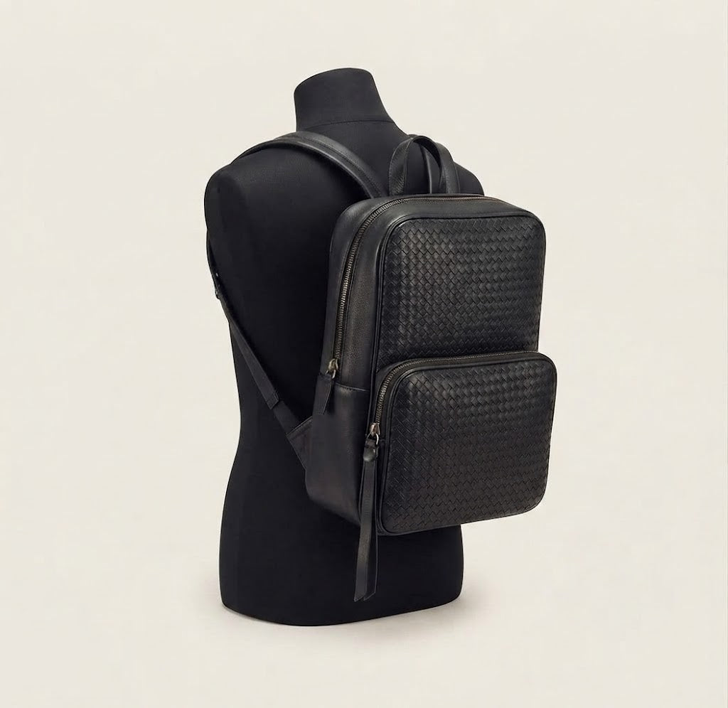 Woven checkerboard leather business backpack front view