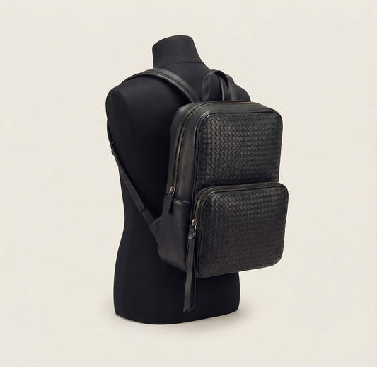 Woven checkerboard leather business backpack front view