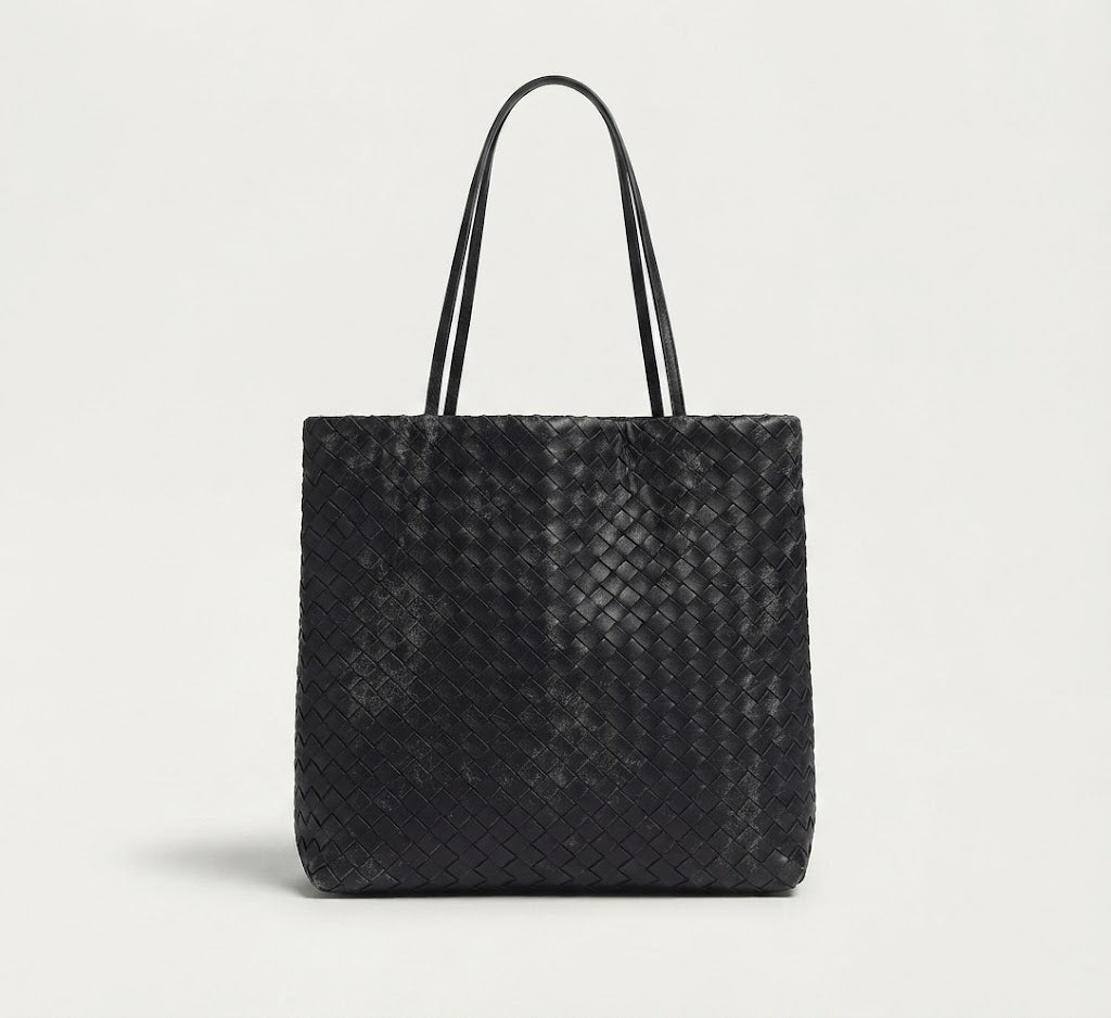 Woven leather diamond pattern tote bag in black colorway