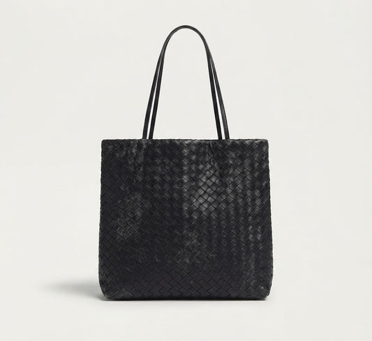 Woven leather diamond pattern tote bag in black colorway