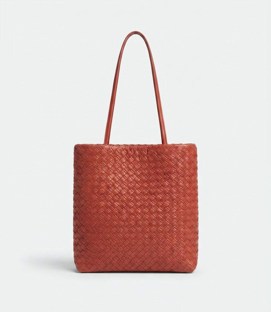 Woven leather diamond pattern tote bag in light brown cognac colorway