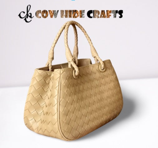 Hand Woven Beige Leather Basket Bags