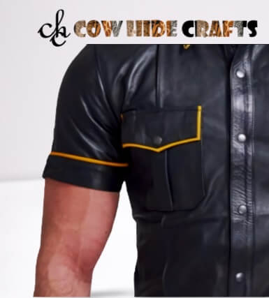 Yellow piping detail on black military leather uniform shirt