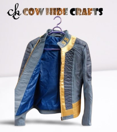 Zipper closure on blue and yellow vault suit leather jacket
