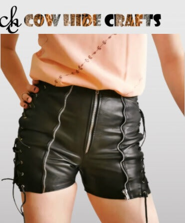 Black leather shorts with zipper and lace side detail