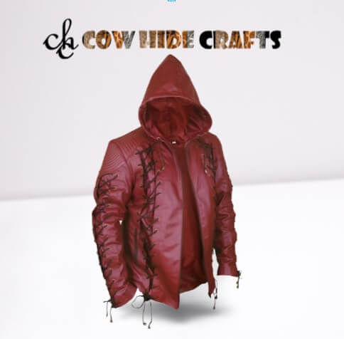 Zipper and show lace closure detail on red leather jacket