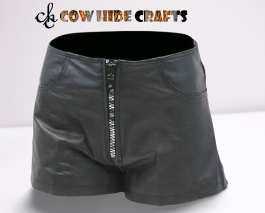 Women's zipper closure sleek black leather shorts front view