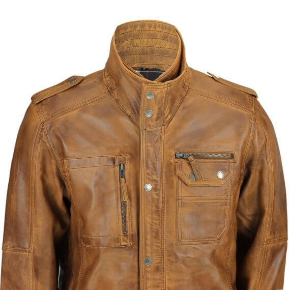 Round collar leather jacket