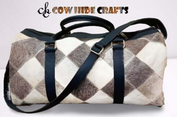 Diamond style cowhide patchwork.